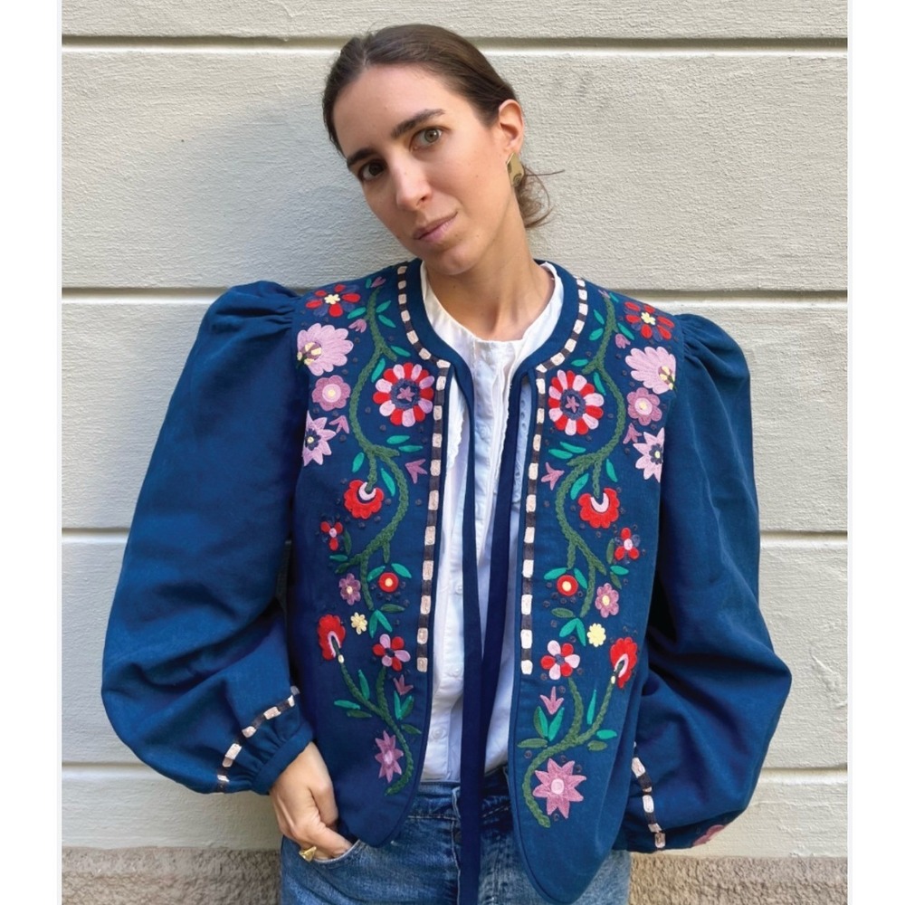Alix of Bohemia Cabana Jacket Size Large Blue Floral Embroidered Linen Tie Front - Picture 1 of 12